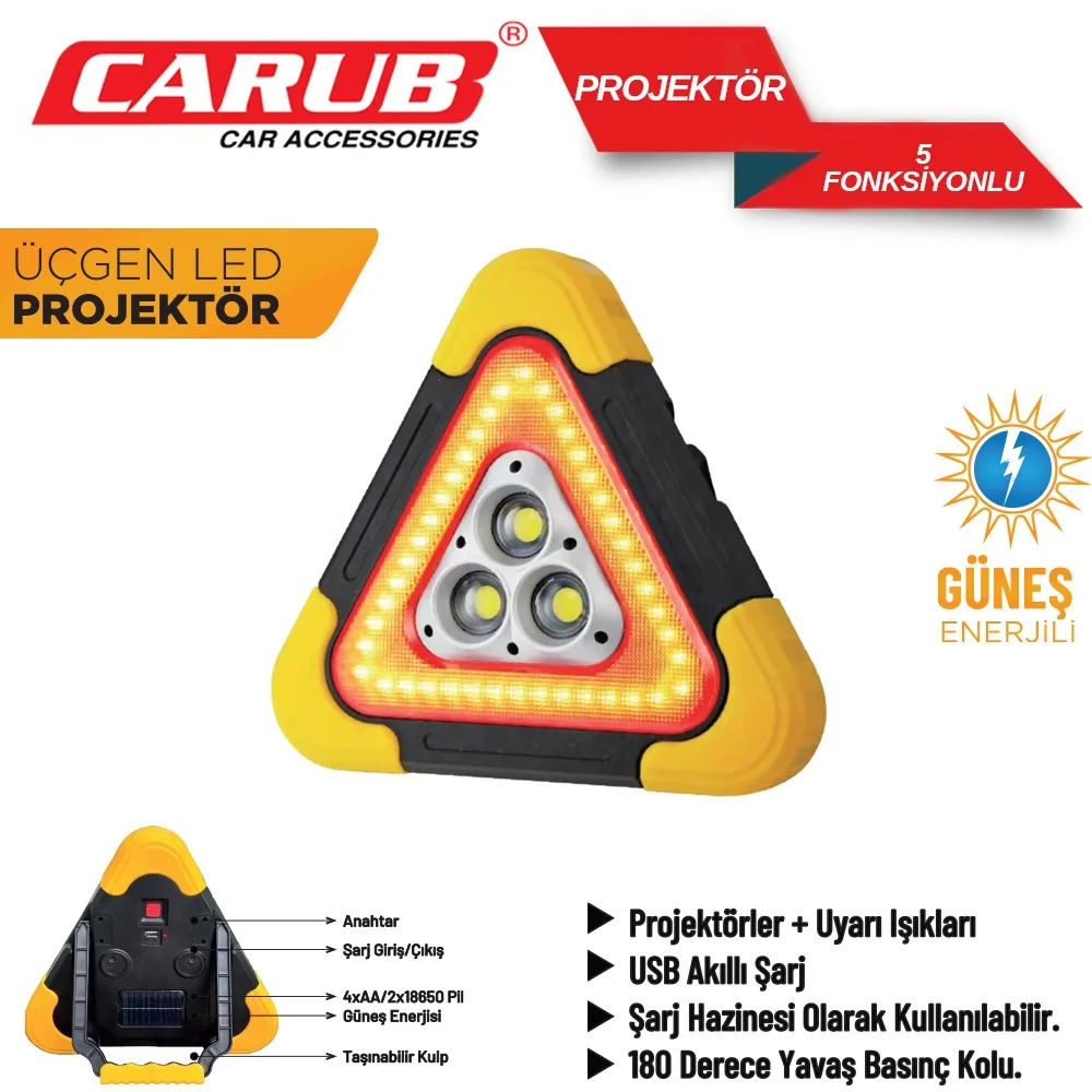 CARUB ÜÇGEN İKAZ GÜNEŞ ENERJİLİ 5 FONK LAMBA    450 21 07